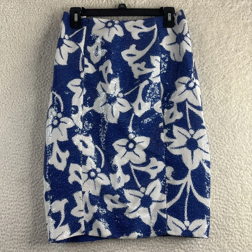 NWOT Diane Von Furstenberg Womens Blue White Sequined Floral Skirt Size 0